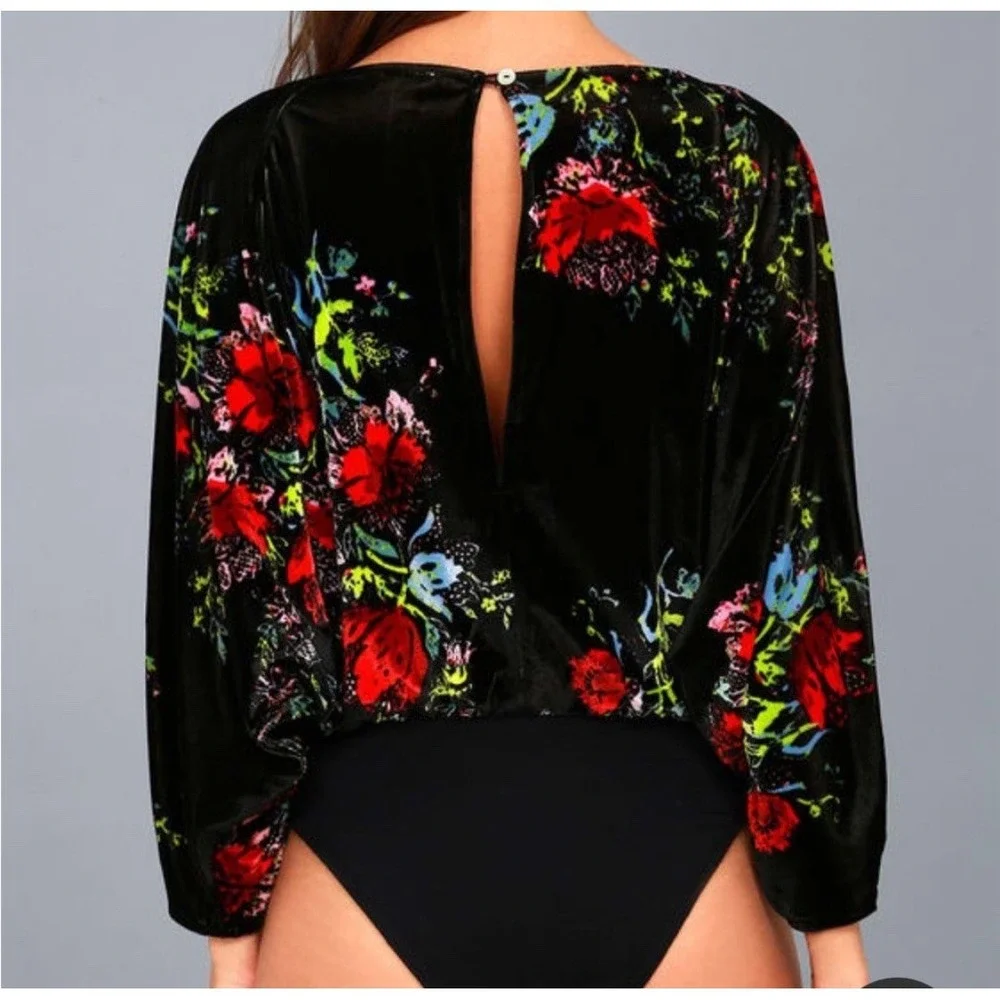 Free People Intimately Velvet Floral Bodysuit Black Dolman Sleeve Small S